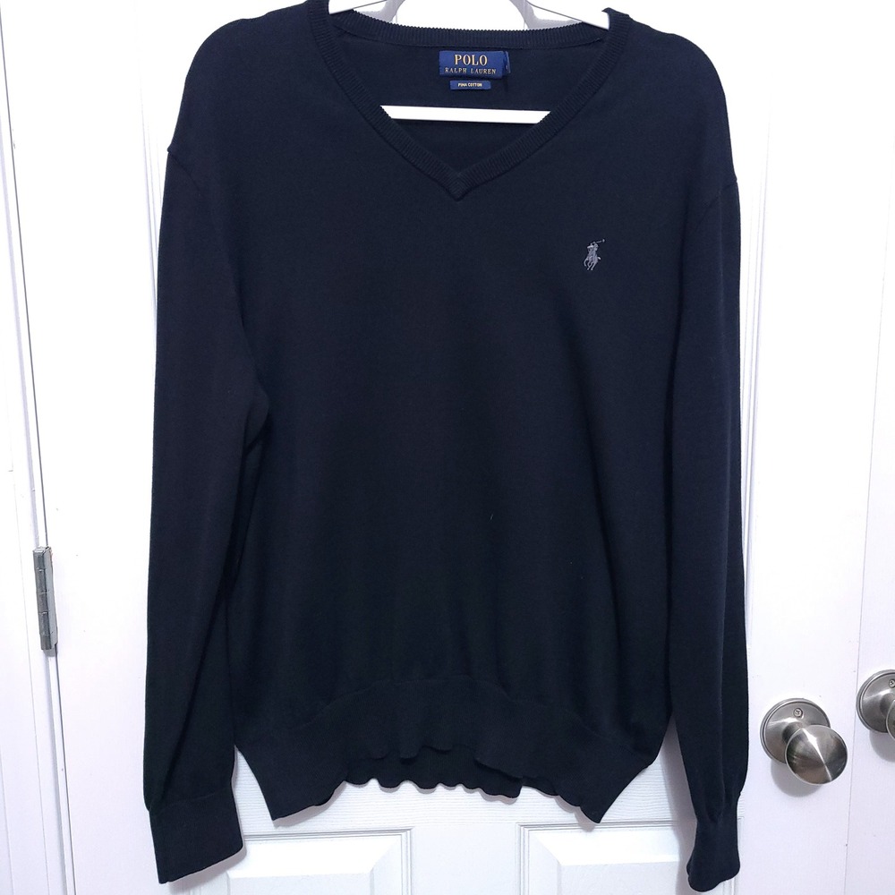Polo Ralph Lauren V-Neck Sweater Mens Large Black Pima Cotton Pullover